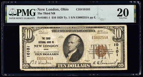 Binary Radar Charter 1929 Ohio Third National Bank New London $10 Note PMG VF20 Cover