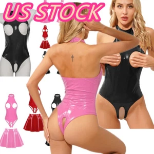 Mujeres Conjunto de Lencería de Látex de 2 Piezas Sexy Body Recortado con Minifaldas Conjunto - Imagen 1 de 36