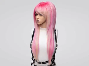 Peluca EMO Rosa Largo Mullet Bangs Densidad Completa Cabello Liso Hecho a Mano Cosplay Anime - Imagen 1 de 10