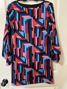 Cuddy Women's Geometric Print Multicolor Emma Shift Dress XS Flared Sleeve - Picture 1 of 5