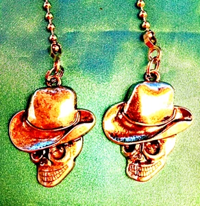 Set of Two ~ SKULL in COWBOY HAT Silver-Colored Metal ~ Ceiling Fan Pulls - Picture 1 of 3