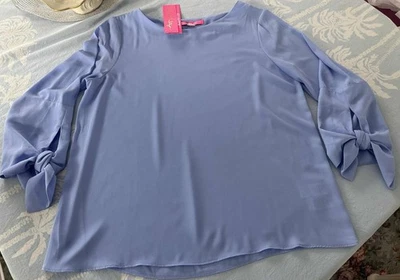 NWT LILLY PULITZER BLUE CREPE LANGSTON BLOUSE TIE SLEEVES SIZE MEDIUM - Image 1 of 4