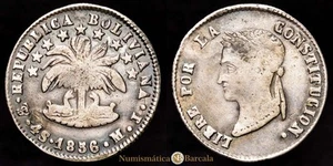 República de Bolivia 4 Soles (13,43g) 1856 Potosí Ensayador M·J KM-123.2 VF - Picture 1 of 3