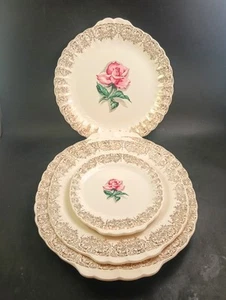 4 American Limoges Le Fleur Rouge Platters: 3 Oval Lg Md Sm + Lg Round, 22K Gold - Picture 1 of 17