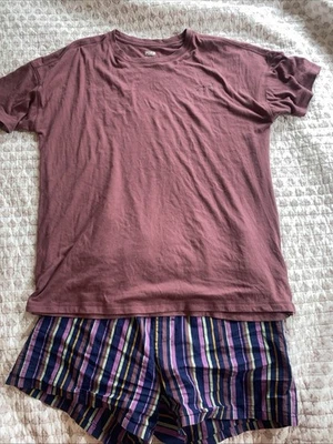 PINK Pajama Set T-shirt And Boxers Burgundy Navy Stripe XS - Image 1 of 4