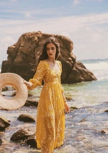 Since Then Sweetheart Neckline Embroidered Maxi Dress In Yellow Medium  - Picture 1 of 15