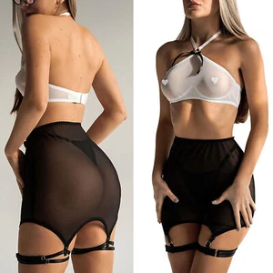 Mujeres Sujetador de malla transparente Top con falda Liguero Cinturón tiro alto Faldas Prendas para el torso cortas - Imagen 1 de 20