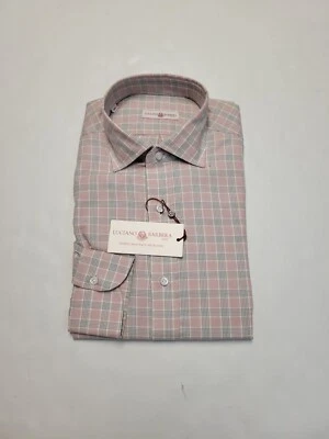 $265 New LUCIANO BARBERA Men's MEDIUM M Soft Pink Gray Plaid Woven Cotton Shirt - Image 1 of 4