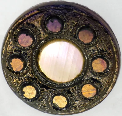 C1890s Victorian Mother Pearl MOP Inlay Purple Gold Carnival Glass Luster Button - Image 1 of 4