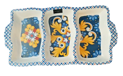CYNTHIA ROWLEY NY Blue Floral Design 3 Compartment Melamine Serving Tray - NEW - Image 1 of 4