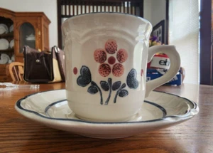 Brambleberry Cup & Saucer Set Hearthside Cumberland Stoneware Blue White Red ! - Picture 1 of 24