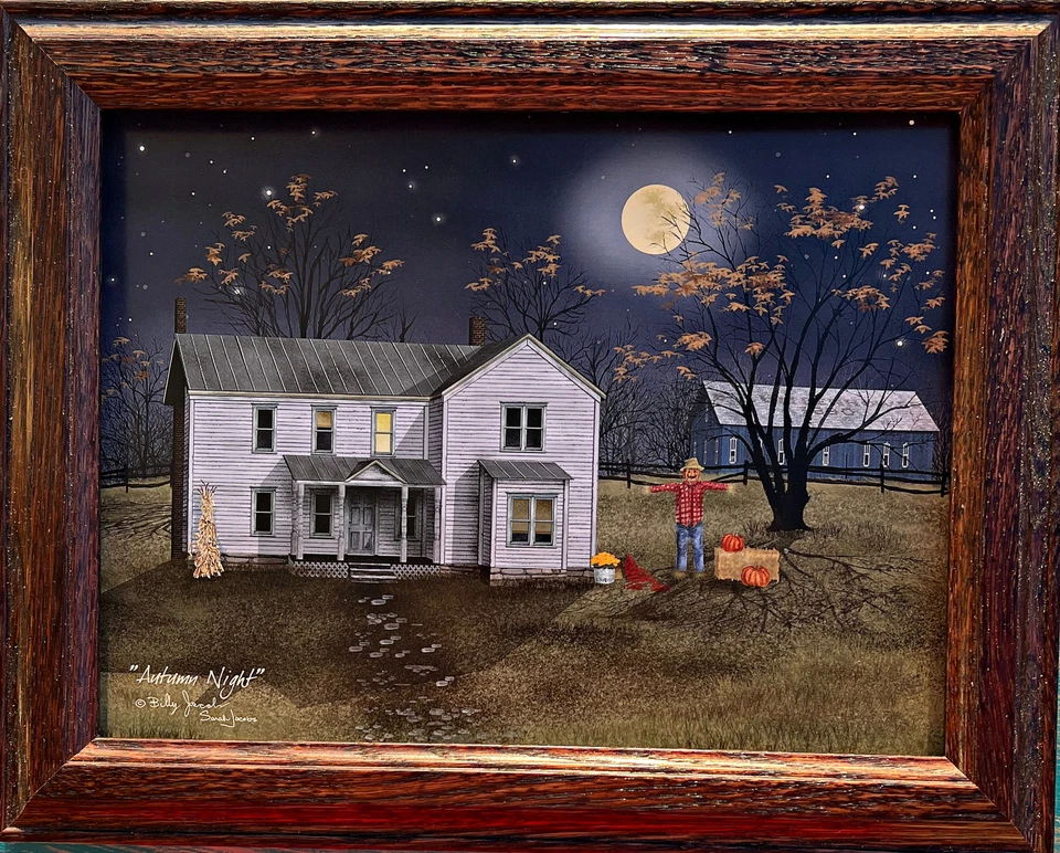 Billy Jacobs Autumn Night Fall Pumpkin Scarecrow Art Print-Framed 14.5 x 11.5 - Image 1 of 1