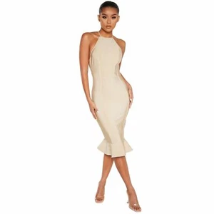 PrettyLittleThing Midikleid champagnerfarben Bandage Kreuz Träger hinten offen Rüschensaum, 2 - Bild 1 von 5