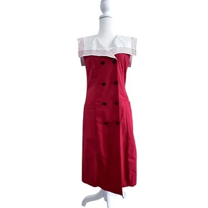 Vintage Laura Ashley 80s 90s Red Sailor Collar Dress Double Breasted Sz 8 S/M - Picture 1 of 13