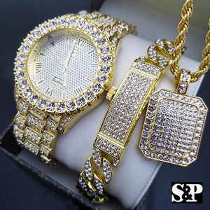HERREN ICED HIP HOP GOLD PT UHR & FULL ICED HALSKETTE & ARMBAND COMBO SET  - Bild 1 von 17