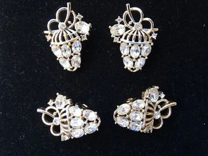 2 Pin Brooches earring Set Clear Rhinestone Gold tone Signed Coro Grape Cluster - Picture 1 of 8