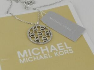 Michael Kors Premium Sterling Silver Cubic Zirconia Monogram Logo Pendant Neckla