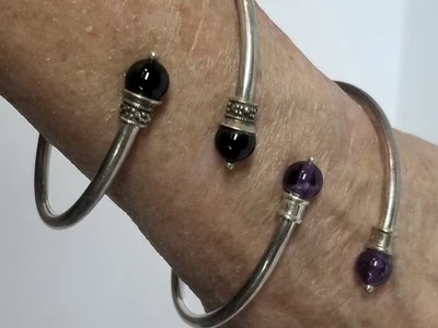 *2* STERLING SILVER w GEMSTONE TORQUE BANGLE BRACELETS AMETHYST ONYX BALL STYLE - Image 1 of 4