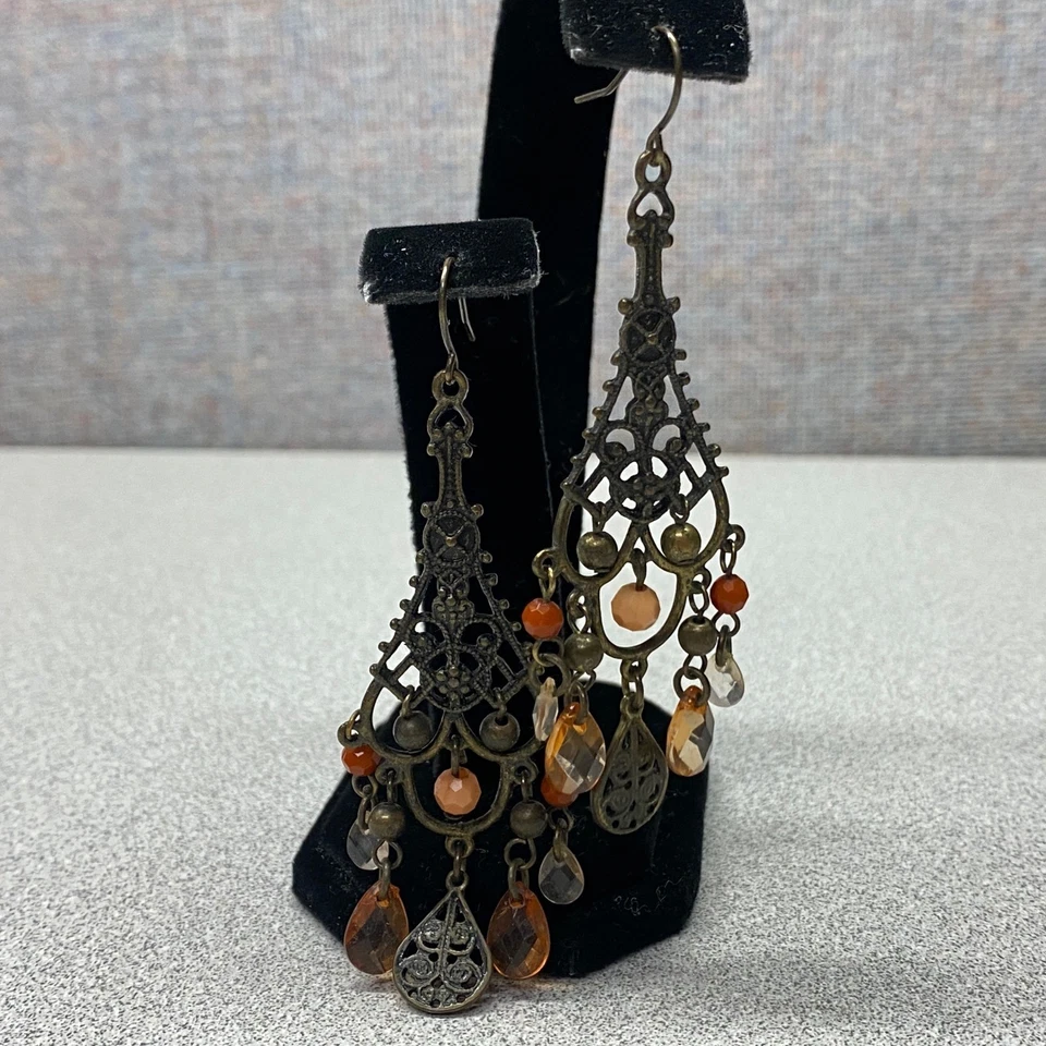 Brincos lustre boêmio tom bronze laranja pedra preciosa gota pendurada Fairycore - Imagem 1 de 4