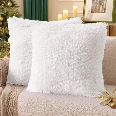 Pack of 2 White Throw Pillow Covers Luxury Fluffy Pillows Faux Fur Decorative Pi - Image 1 of 4