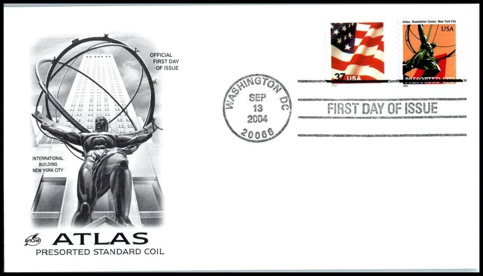 Estatua Atlas Sc 3770 2004 bobina 10c tasa de presort FDC ArtCraft Rockefeller Center Foto 1 de 1