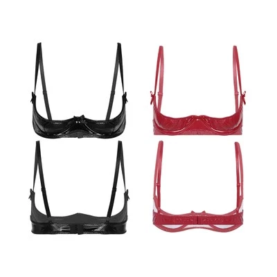 Women Lingerie PVC Top Club Bra Adult Sleepwear 1/4 Cup Nightwear Exposed Sexy - Image 1 of 4