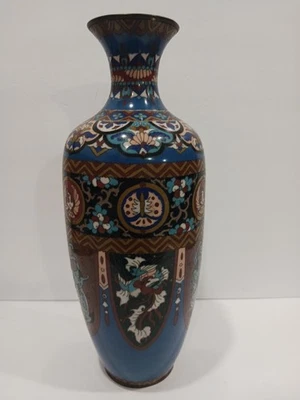 古董日本 Cloisonne 搪瓷花瓶龙花设计明治 - 14.5 英寸高 — 第 1/4 张图片