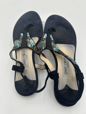 Sandalia Jimmy Choo London 37 azul marino con lentejuelas tacón plano Foto 1 de 4