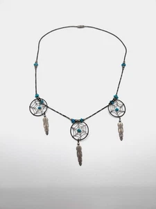 Vtg Southwestern .925 Liquid Silver & Turquoise Dream Catcher Feather Necklace - Picture 1 of 8