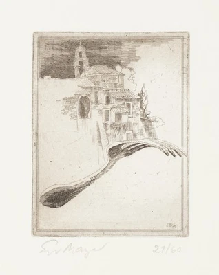 E. MAYER (*1932), Gabel vor Stadt. Surreales Stillleben, Rad. Contemporary - Bild 1 von 4