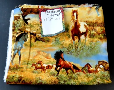 David Texiles 100% Cotton Wild Horses in Western Scene 42"x36.25" Craftng Fabric - Image 1 of 3