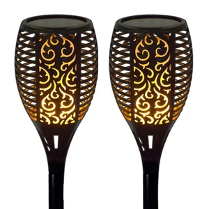 2 Stück Schwarz 54 LED Solar Garten Leuchten Flackern Flammeneffekt Fackel Pfahl Terrasse - Bild 1 von 11