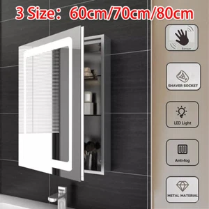 LED illuminated Bathroom Mirror Cabinet with Demister Shaver Socket Wall Mounted - Picture 1 of 26