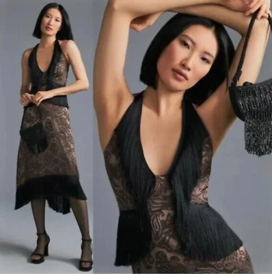 NWT ANTHROPOLOGIE FRINGED CUT SILK VELVET HALTER MIDI STATEMENT DRESS COCOA 12 - Image 1 of 4