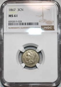 NGC MS-61 1867 Nickel Three Cent Piece, Fully Lustrous & Strongly Detailed. - Picture 1 of 2