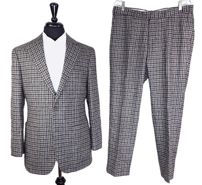 Suitsupply 哈瓦那补丁口袋 FL 棕色绿色格子修身 2 按钮套装 42R 36W — 第 1/4 张图片