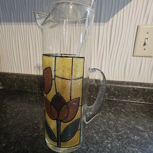 Vintage MCM West Virginia Stained Glass Tulip Pitcher w/ Spout, Stirrer Lemonade - Picture 1 of 5