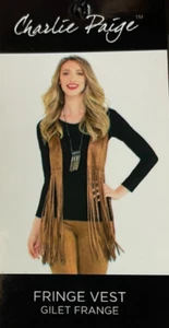 Charlie Paige Fringe Vest in Camel Brown Faux Suede Woman's SMALL Western NWT - Picture 1 of 10