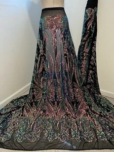 Rose Green Black Iridescent 4way stretch sequins Lace fabric 50” Width 1 Yard - Picture 1 of 4