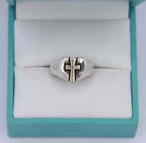 Sterling Silver & 14K Yellow Gold James Avery Heart Cross Signet Ring Size 5.5 - Picture 1 of 17