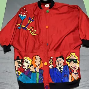 Vintage Silkscapes Silk Applique Martini Bar Theme Womens Red Cotton Overcoat OS - Picture 1 of 16