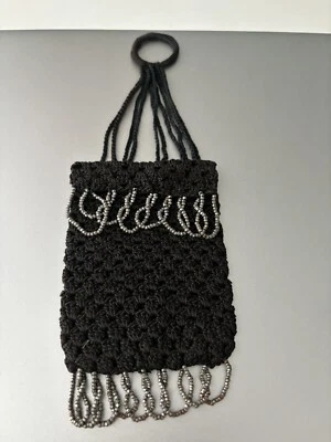 Vintage Black crocheted Handbag Coin Purse Silver Beads - Image 1 of 4