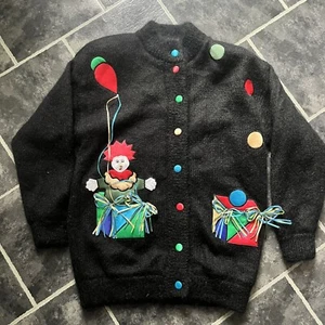 Vintage 80s Hamell's Oversized Mohair Cardigan Sweater Clown Motif Medium - Picture 1 of 10
