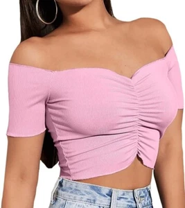 LYANER Women's Off Shoulder Ruched Short Sleeve Rib Knit Sexy Crop Top Blouse - Picture 1 of 7