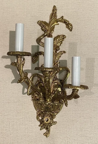 1950s Vintage Ornate Brass 3 Arm Electric Wall Sconce Candle Fixture SPAIN Cover