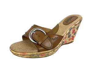 Bolo by Born Floral Wedge Sandals Women's 7 Brown Leather Platform Slides - Picture 1 of 10