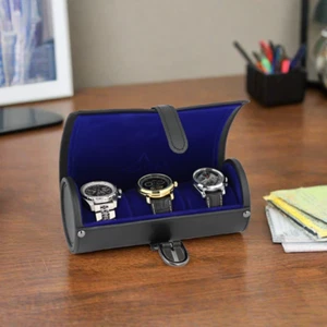 Black Genuine Leather 3 Watch Travel Roll Royal Blue Velvet Lining by Aevitas - Picture 1 of 6