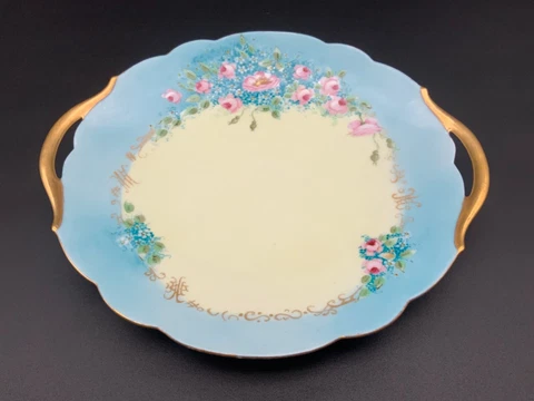 Antique Handled Porcelain Cabinet Display Plate Tray 10.30"D Cover