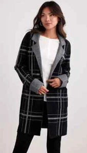 Women's X-Small Ellen Tracy Charcoal Tartan Plaid Ultra Soft Cardigan Dress Coat - Picture 1 of 3