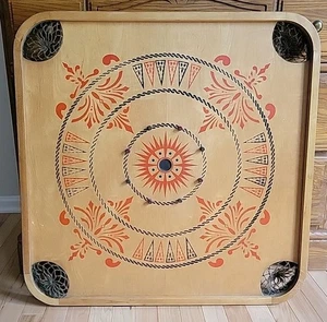 Vintage Carrom Brett doppelseitig Musselin Tasche Ringe Holz Shooter 28,5" LESEN - Bild 1 von 24